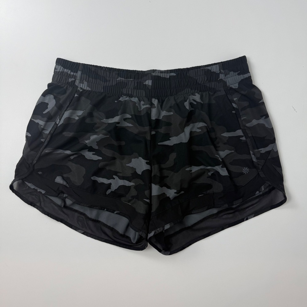 Athleta Printed Mesh Racer Run Shorts Grey Black Camo Large L Running Athletic